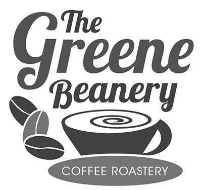 Logo for The Greene Beanery Coffee Roastery featuring a coffee cup, coffee beans, and text.