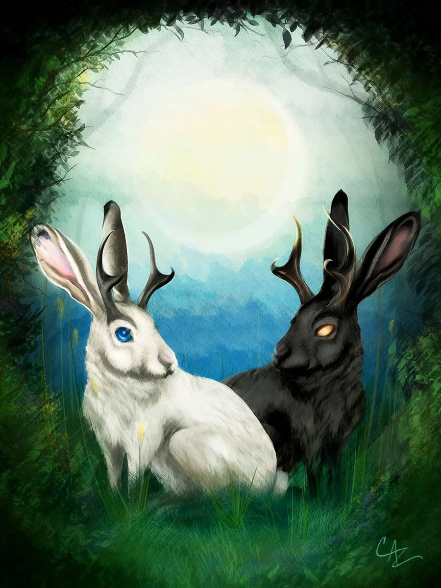 A whimsical digital painting of two hares with antlers, one white with blue eyes and the other black with amber eyes, sitting in green grass under a bright moon in a forest clearing.