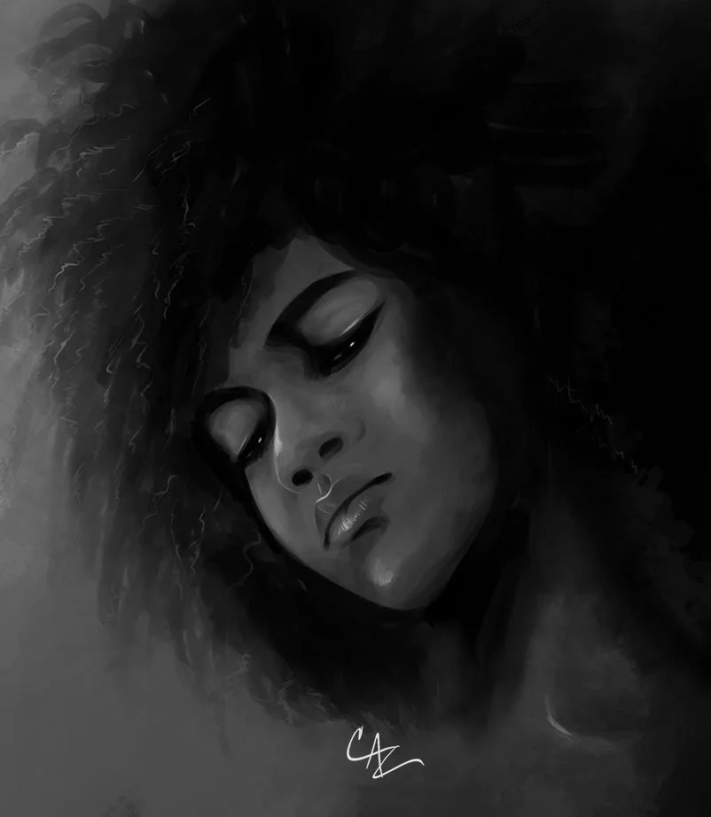 Black and white painting of a woman with her eyes closed, showing detailed facial features and curly hair - by Cate Zeederberg on Old Moon Hollow.