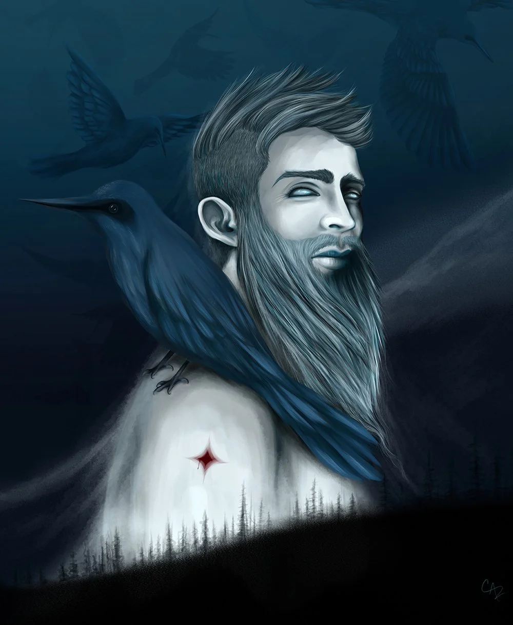 A surreal digital art of a bearded man with closed eyes and snow-white skin, surrounded by blue birds flying in a dark, misty forest landscape.