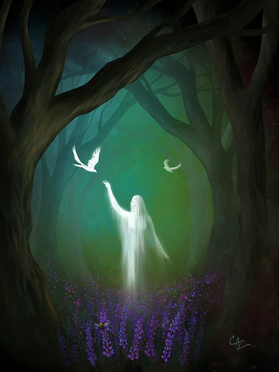 A ghostly woman with long hair and flowing dress standing in a mystical forest, surrounded by purple flowers and flying white doves, illuminated by a soft green glow.