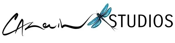 Logo with, stylized handwritten script for CAZERIN and a blue dragonfly, followed by the word 'STUDIOS' in uppercase letters.