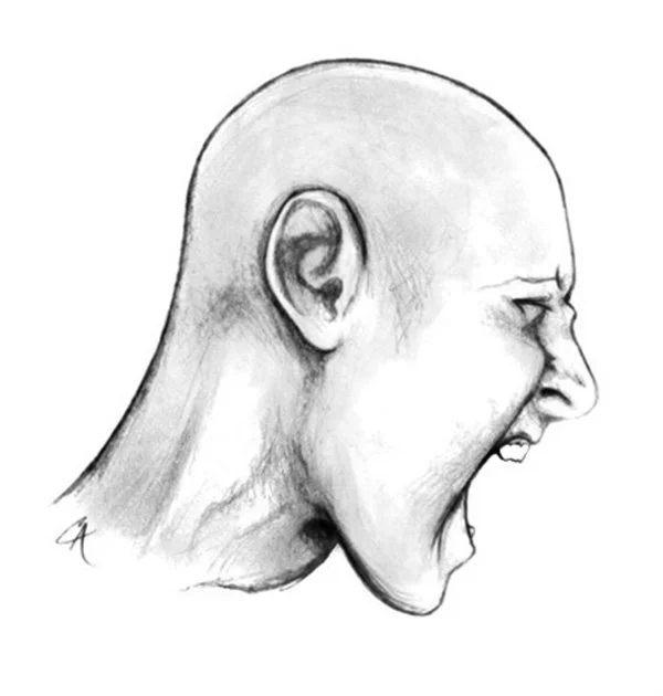 Black and white sketch of a person with an angry or shouting expression, head turned to the right.