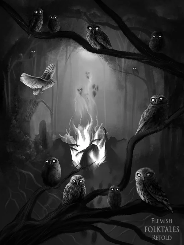 Dark forest with spooky owls sitting on tree branches, some with glowing eyes, and a bonfire in the background with mist rising and shadowy witchy figures dancing around the fire - painting by Cate Zeederberg on Old Moon Hollow.