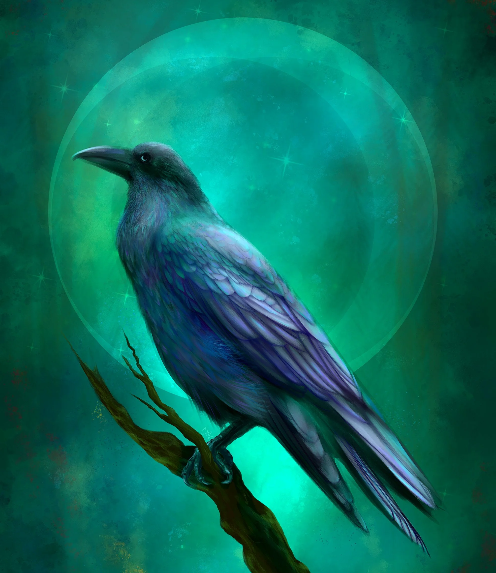 The Raven’s Moon Forest by Cate Zeederberg featuring an iridescent blue and green raven perched on a dark, twisted branch with an abstract emerald green forest and giant crescent moon in the background. 