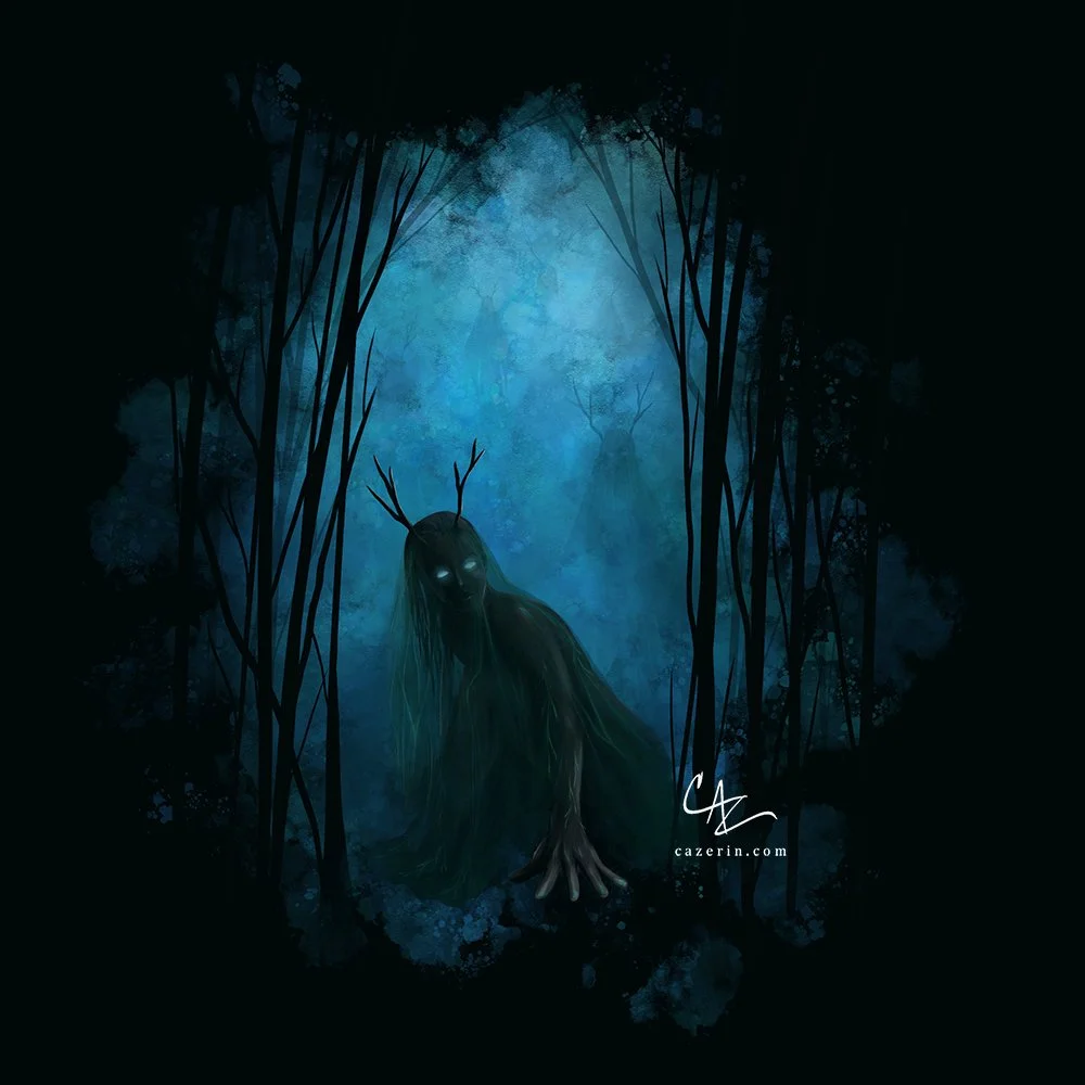 Dark forest scene with a creature that has glowing eyes, antlers, and a long hair, kneeling in front of a glowing blue light, creating an eerie atmosphere.
