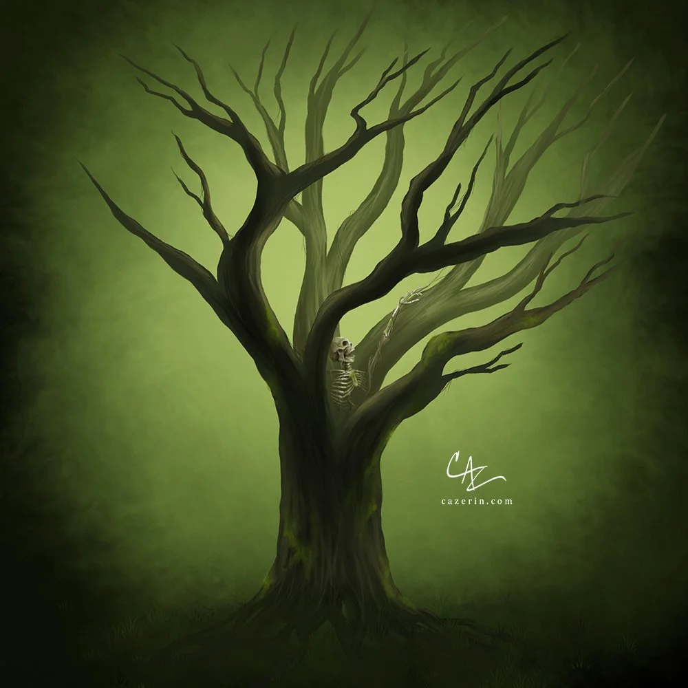 A dark, leafless tree with twisted branches against a green foggy background. A skeleton is partially hidden among the branches of the tree.