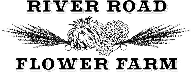 Illustration of the text 'River Road Flower Farm' with decorative flowers and wheat, black and white style.