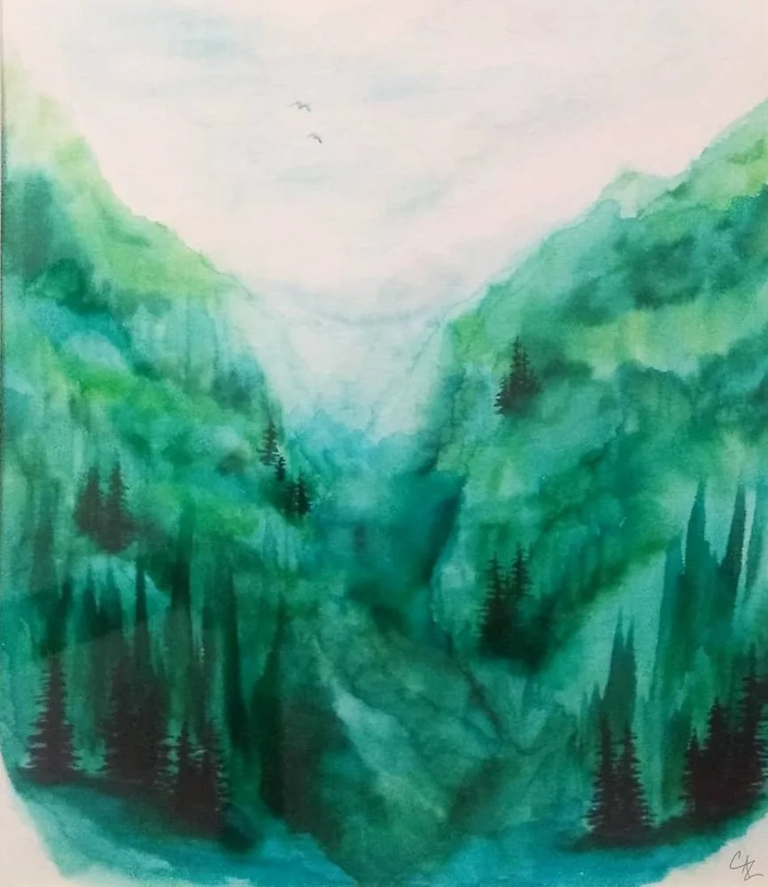 Watercolor painting of a lush green mountain valley with tall pine trees and a misty sky.