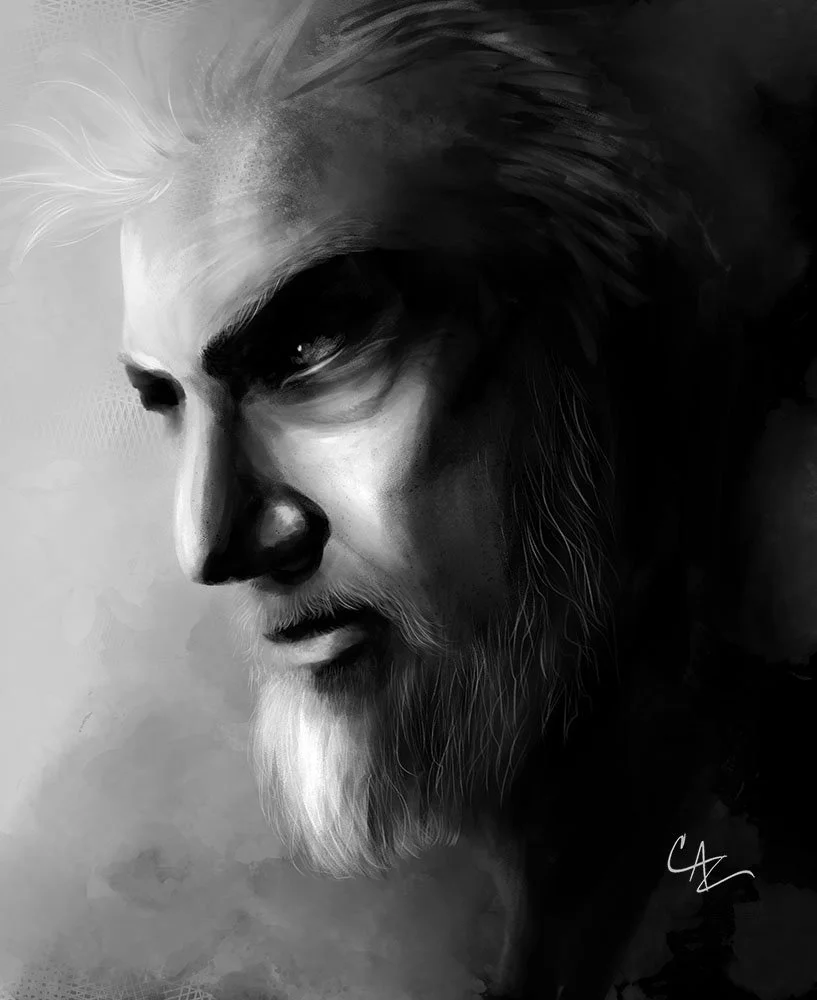 Black-and-white digital portrait of an elderly man with a long beard, closed eyes, and flowing hair -  by Cate Zeederberg on Old Moon Hollow.