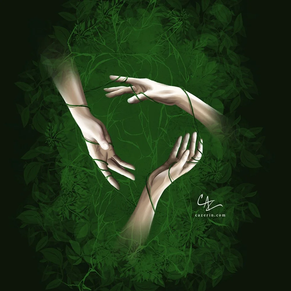 Digital artwork of two intertwined human hands surrounded by green leaves and vines.