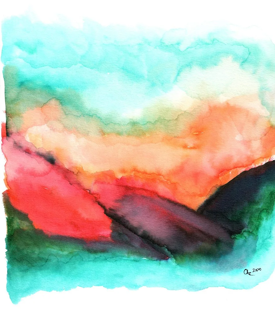 Abstract watercolor painting with shades of teal, orange, red, black, and green, resembling a landscape or sunset scene.