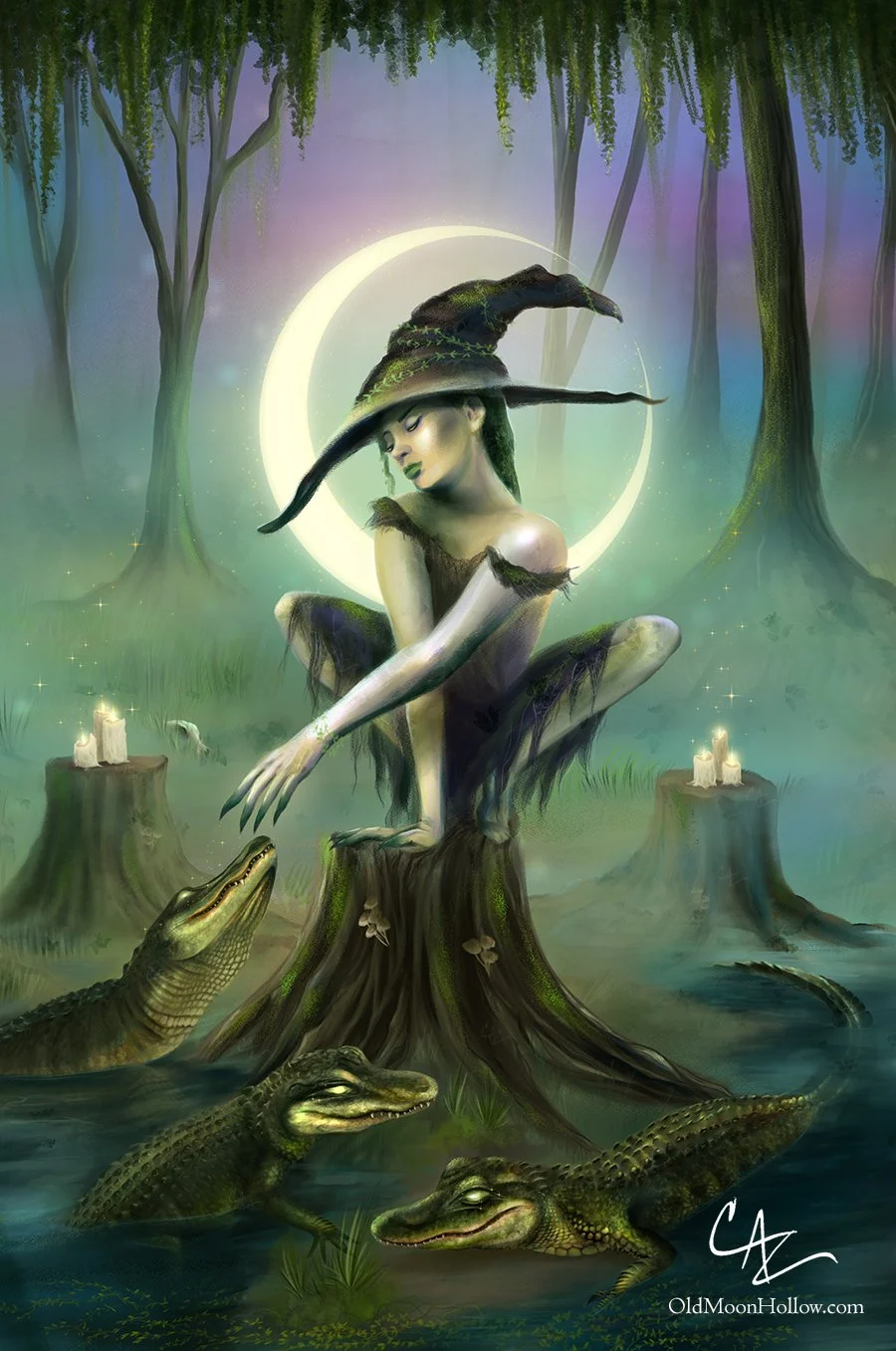 Moody, magical digital painting set in a mossy green bog and featuring a swamp witch in a large, old, pointy hat crouching on a tree stump while reaching down to the swamp's puppies surrounding her - enchanted alligator/crocodile-looking reptiles. A 