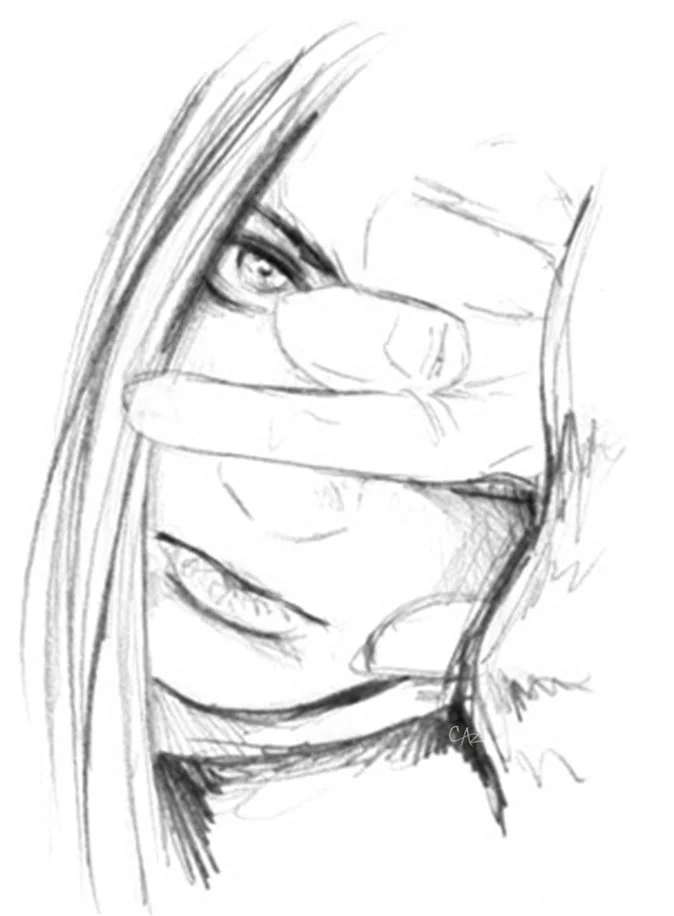 A pencil sketch of a woman with long hair covering part of her face, holding her hand up to her eye, partially covering her face, with a focused gaze.