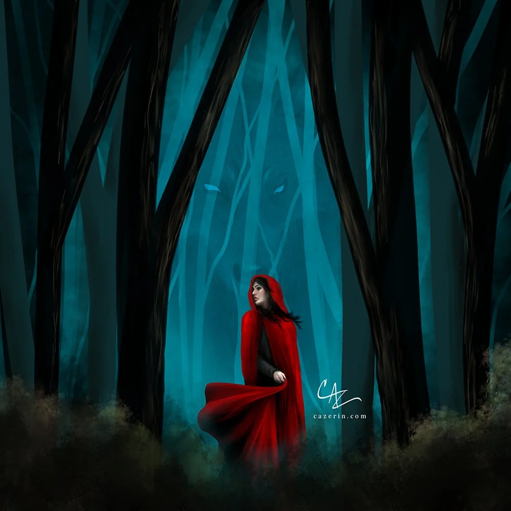 A woman in a red cloak stands in a dark, dense forest with tall, shadowy trees. A faint, ghostly face is visible in the fog or mist behind her, with glowing eyes.