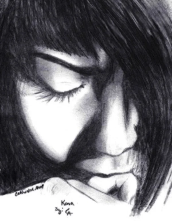Close-up pencil and charcoal portrait of a distressed woman with her eyes closed, dark hair covering part of her face, biting a finger, in black and white.
