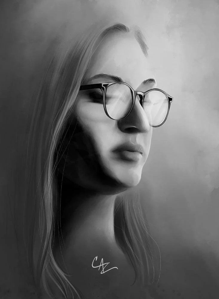 Black and white digital portrait of a young woman with glasses, long hair, and a calm expression, looking to the side -  by Cate Zeederberg on Old Moon Hollow.