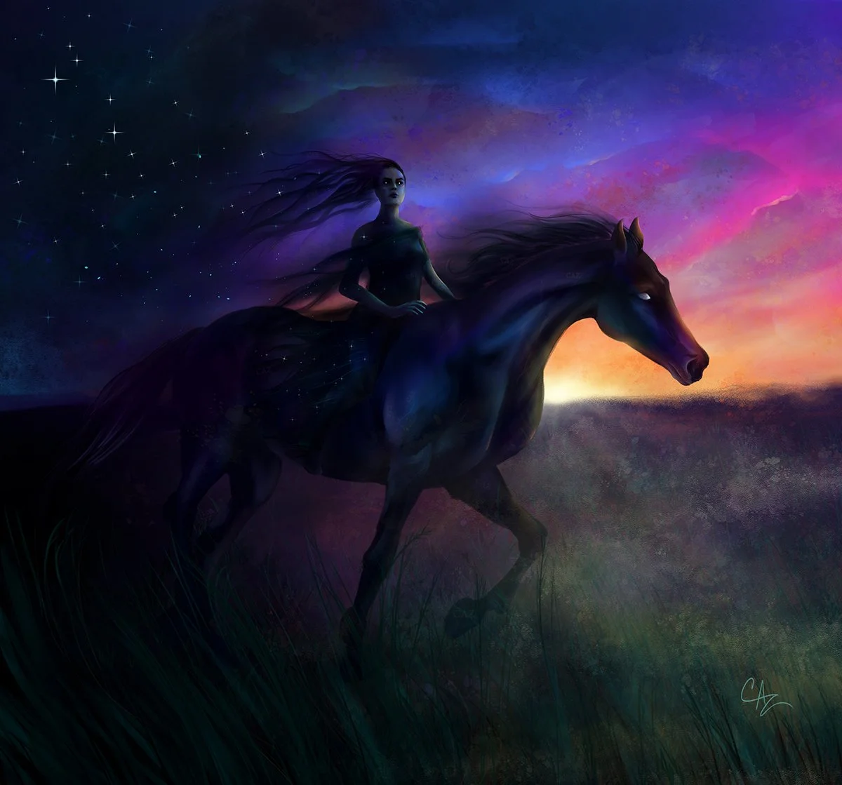 Welcome Night painting by Cate Zeederberg featuring brilliant, colorful sunset skies and the personification of Night on a black stallion, described across the centuries as shrouded in a cloak of darkness accompanied by the trailing stars. 