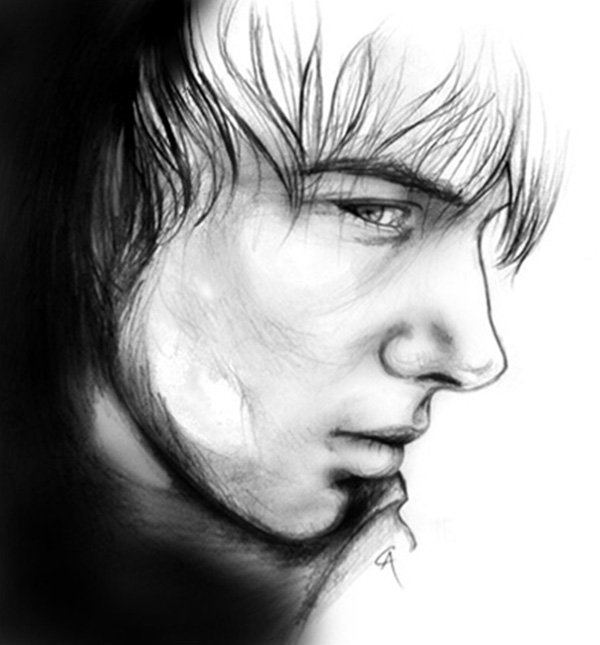 A black and white pencil and charcoal portrait of a man with short hair, looking to the side with a contemplative expression.