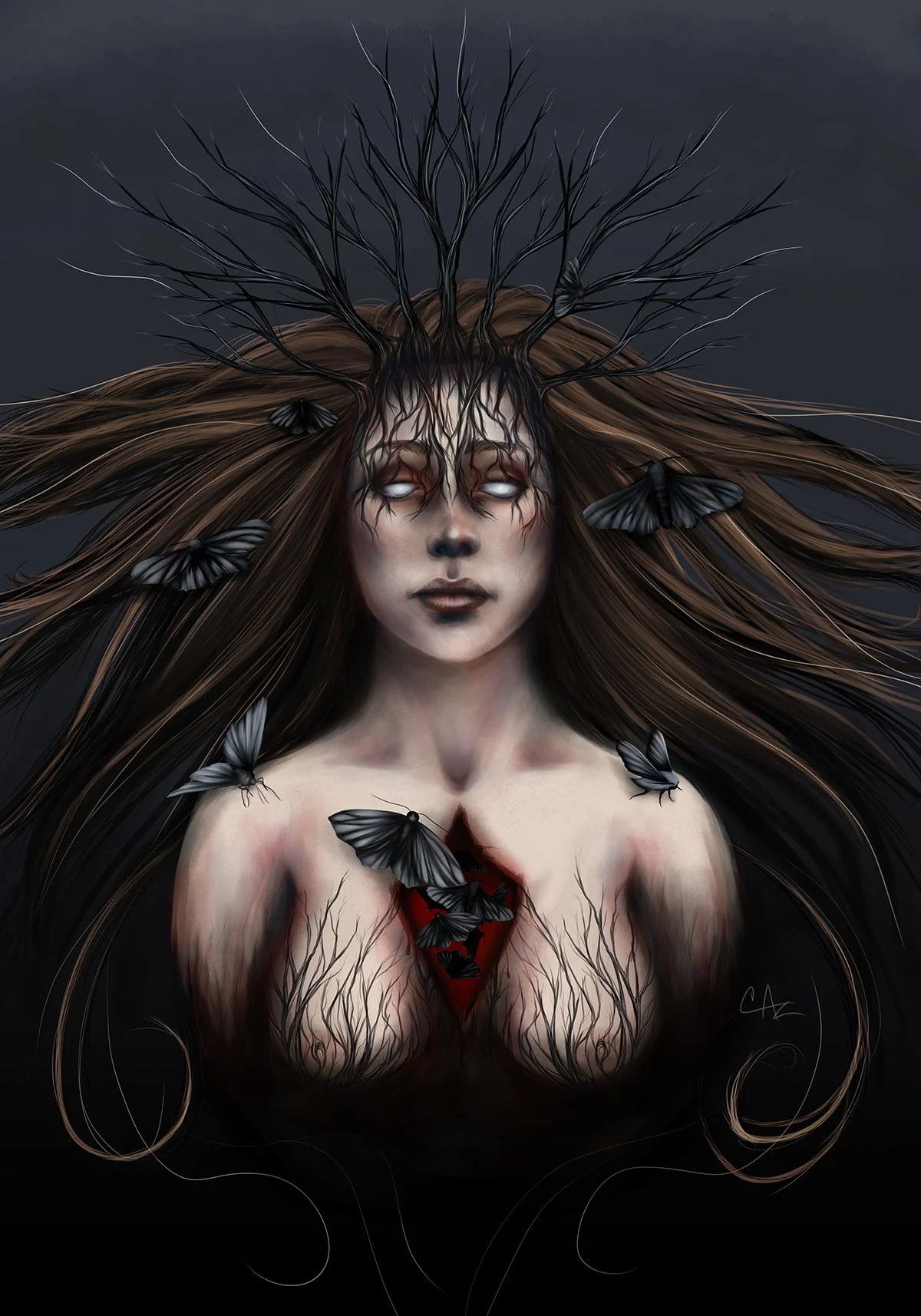 A dark fantasy illustration of a woman with long flowing brown hair, white eyes, and pale skin, surrounded by black moths. Her forehead is adorned with black, branch-like structures, and there is a red, triangular opening on her chest with black tend