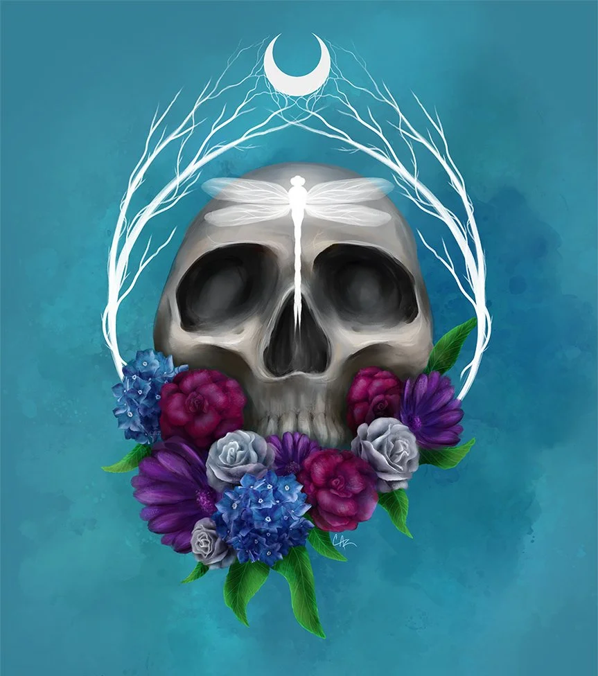 A skull surrounded by colorful flowers, with a dragonfly resting on top of it, and a crescent moon and white branches in the background - painting  by Cate Zeederberg on Old Moon Hollow.