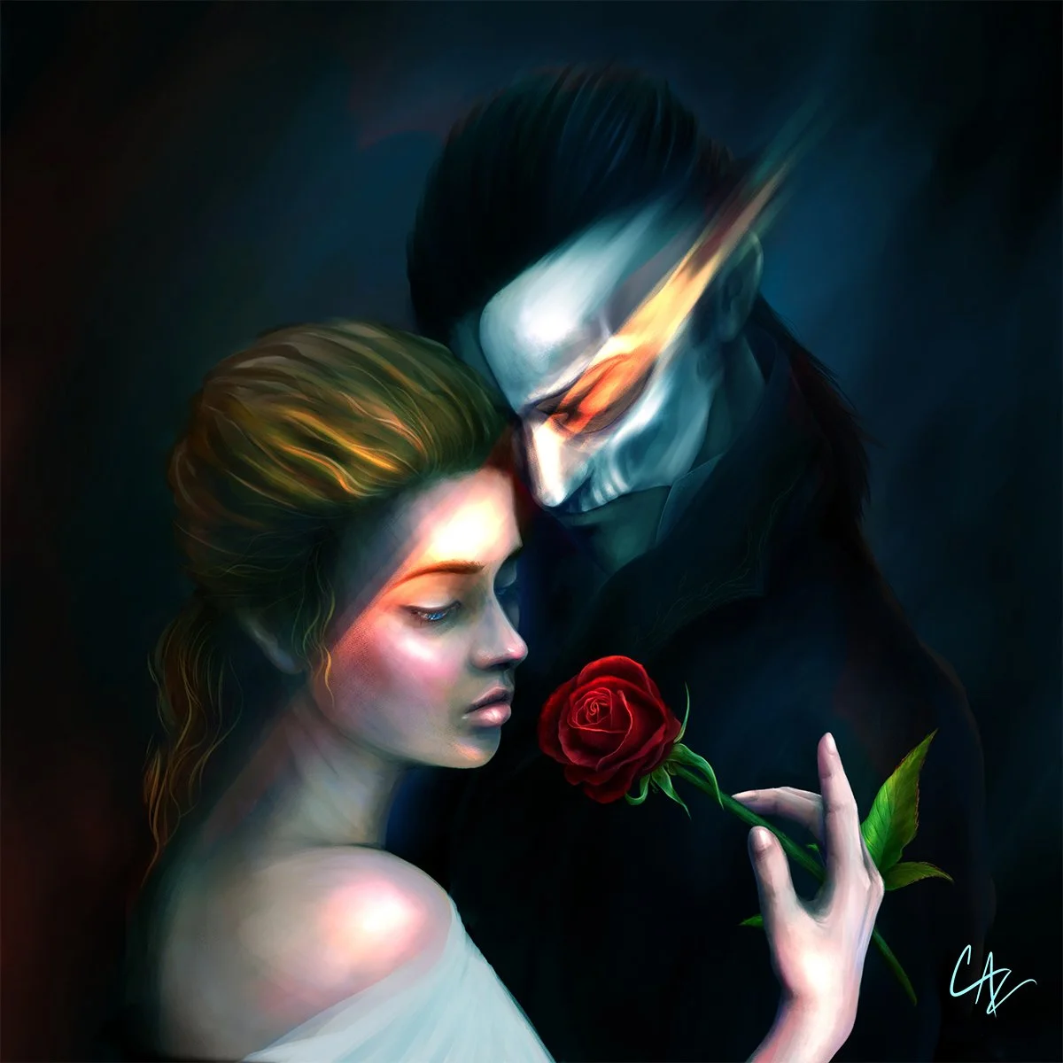 A woman with brown hair holding a red rose and a man with a skeletal mask and dark hair, in a dark setting with glowing effects - painting of Phantom of the Opera by Cate Zeederberg on Old Moon Hollow.