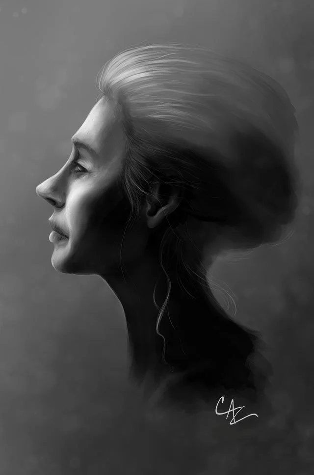 Black and white digital painting of an elderly woman's profile with her hair flowing back - by Cate Zeederberg on Old Moon Hollow.