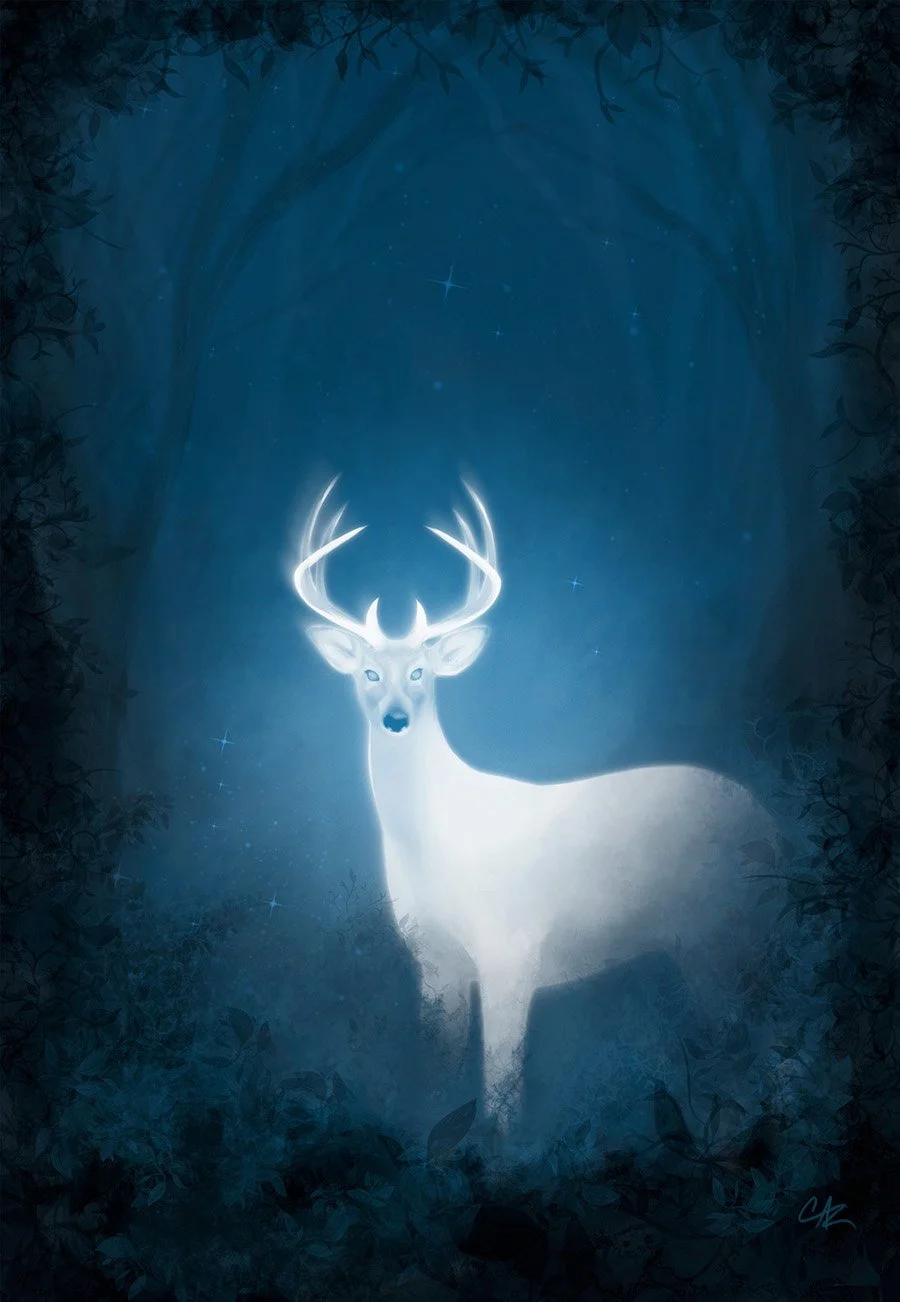 Gifting Stag painting by Cate Zeederberg featuring a spectral, brightly glowing white stag seen through a shadowy, blue clearing in a nighttime forest. 