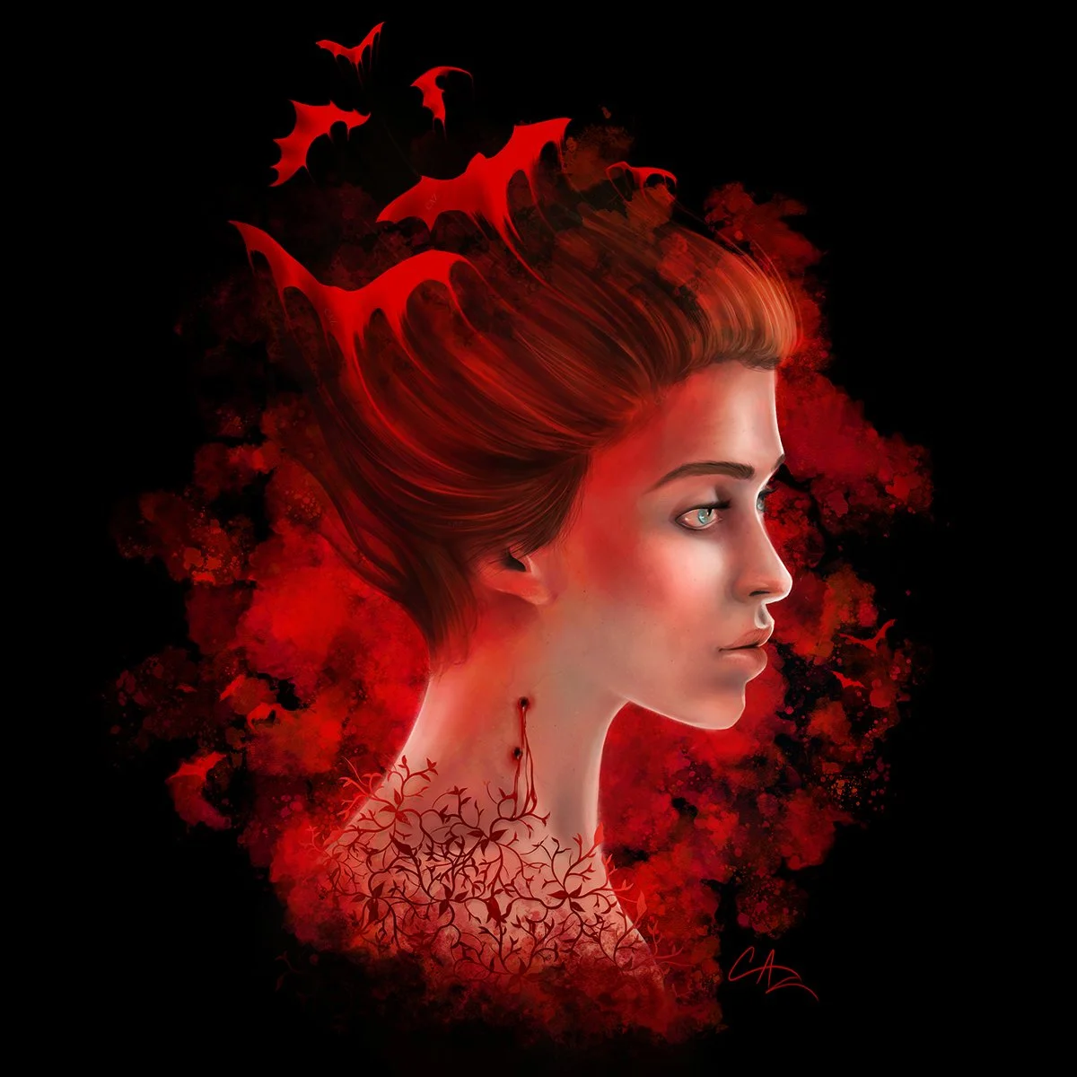 Digital artwork of a woman with flowing red hair that transforms into abstract fiery and bat-shaped elements, surrounded by a splash of red and black colors -  by Cate Zeederberg on Old Moon Hollow.