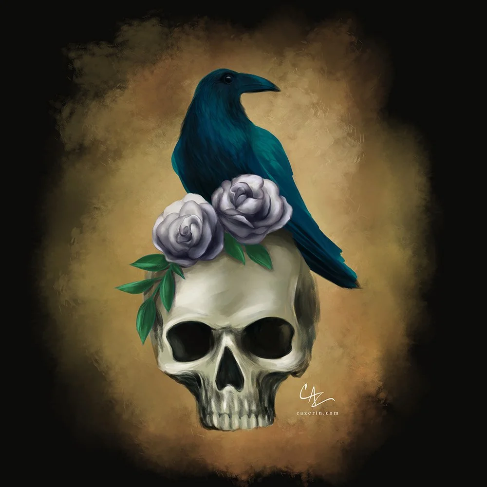 A blue bird perched on a human skull with purple roses and green leaves on top against a dark, smoky background.