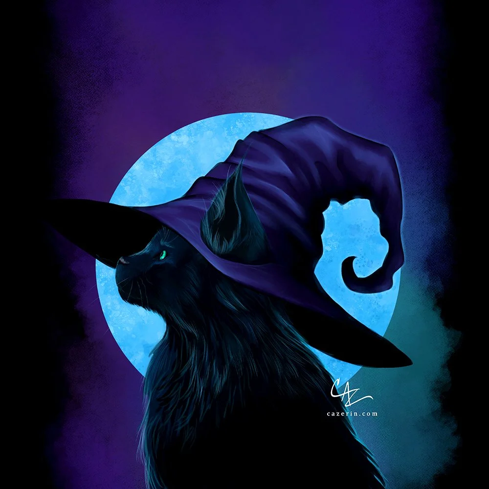 Digital illustration of a black cat wearing a witch's hat and cloak, with a blue full moon in the background on a dark night.