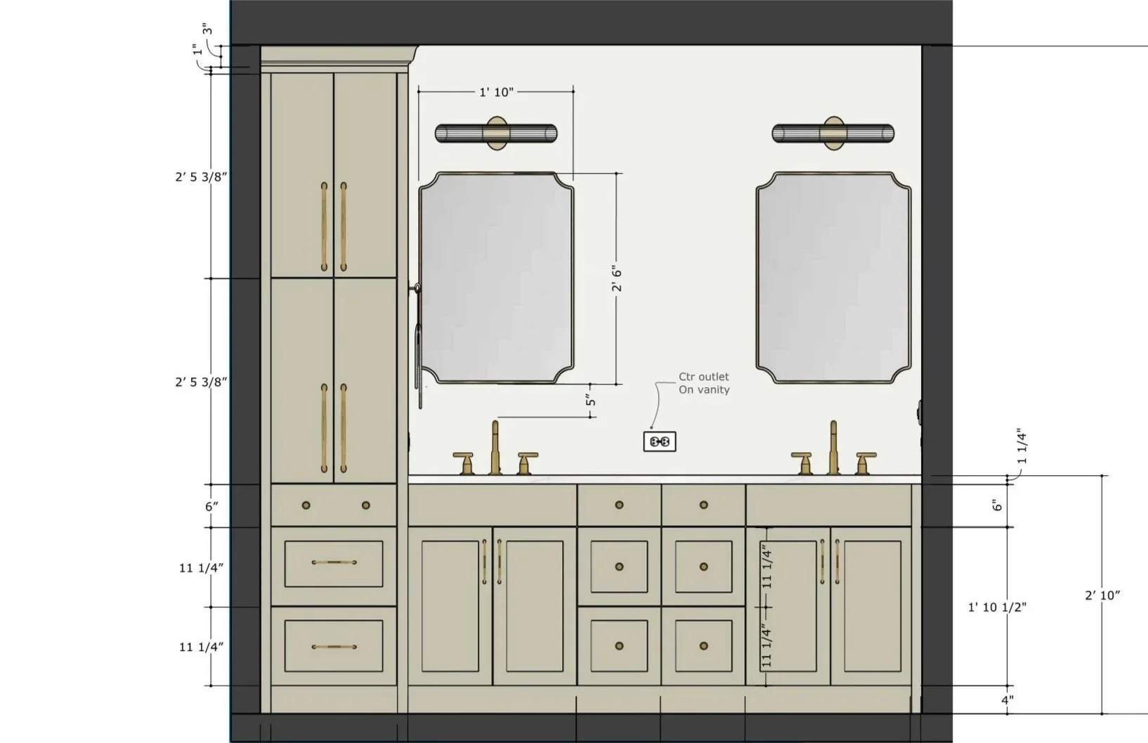 Bathroom vanity design with dual sinks, gold faucets, mirror with decorative frame, upper light fixtures, and tall storage cabinet, all with detailed measurements.