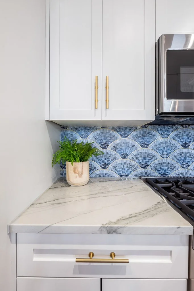Kitchen countertop with a potted green plant, white cabinets with gold handles, a blue fan patterned backsplash, and a stainless steel microwave.