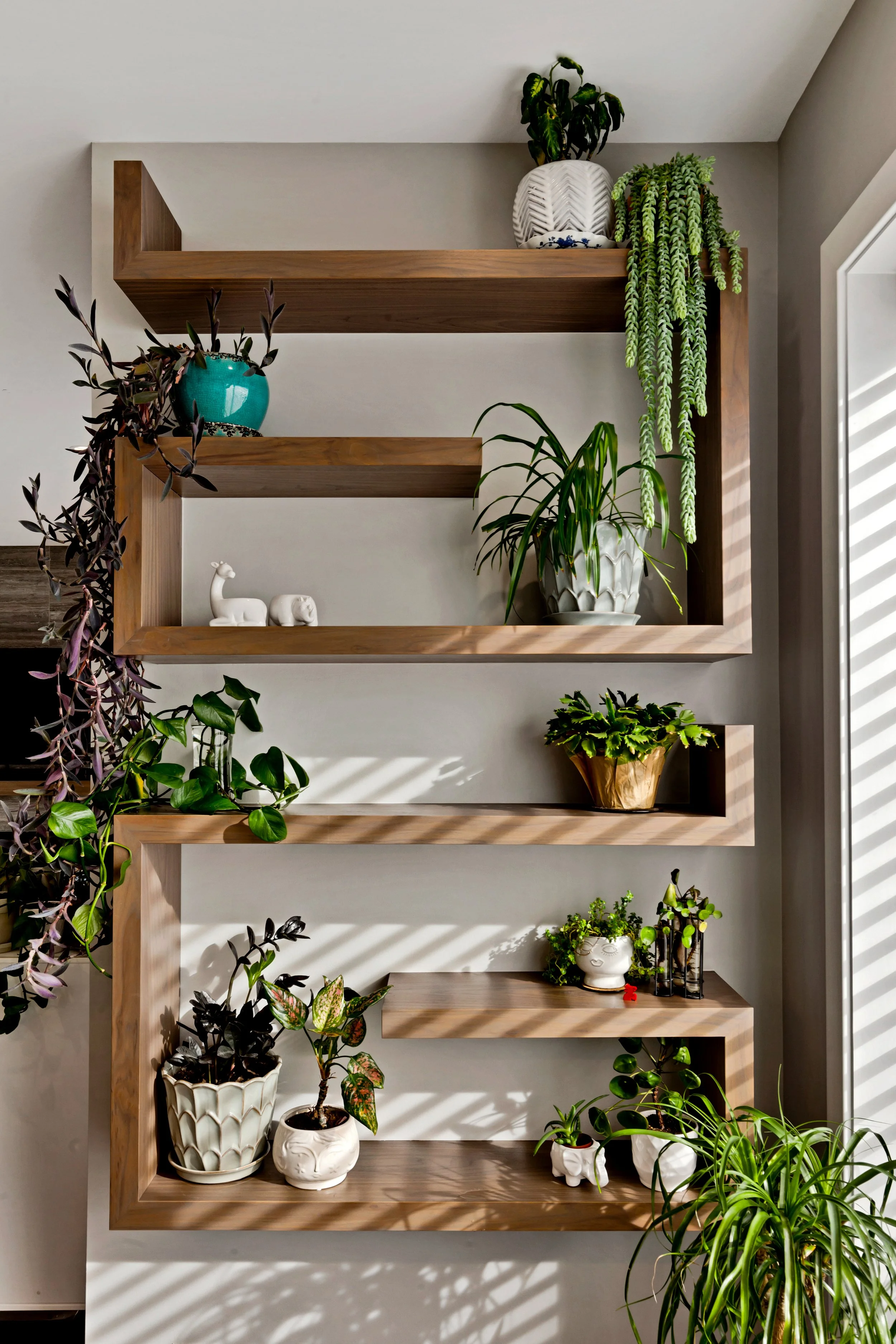Decorative wooden wall shelf with potted plants and small figurines, illuminated by sunlight through blinds.