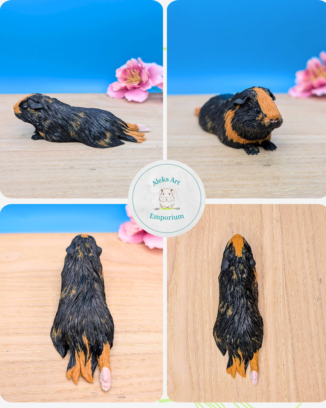 Colorful guinea pig figurines on wooden surfaces with pink flowers and a blue background, shown from side, front, back, and top views.