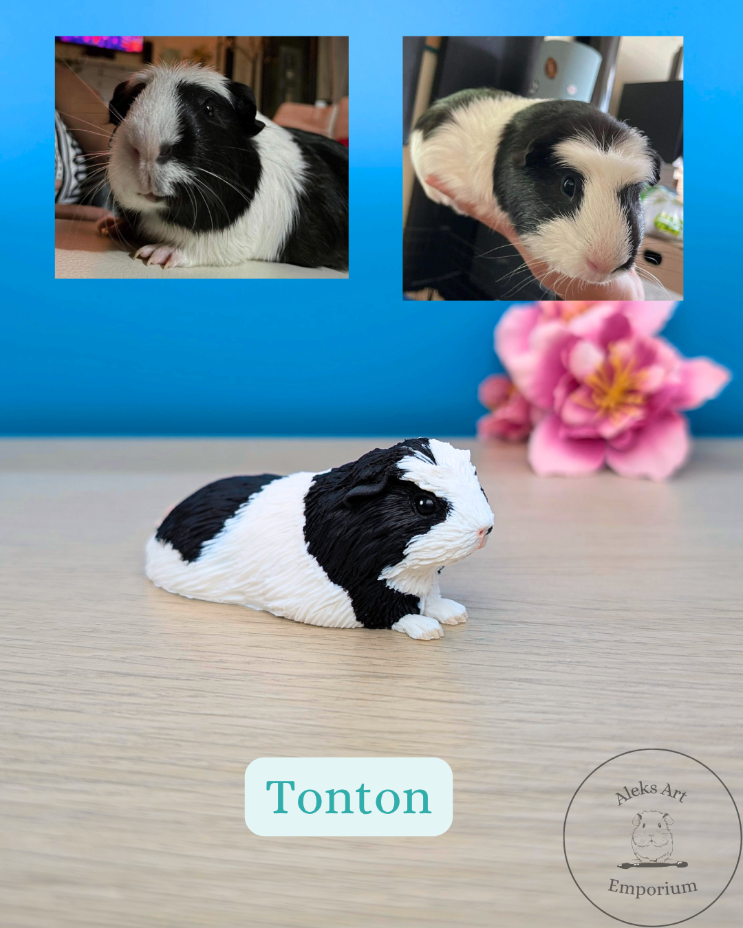 Photo of a realistic guinea pig figurine with black and white fur, placed on a wooden surface with pink flowers in the background. Two inset images of real guinea pig are shown above the figurine. The word "Tonton" is written below the figurine, with