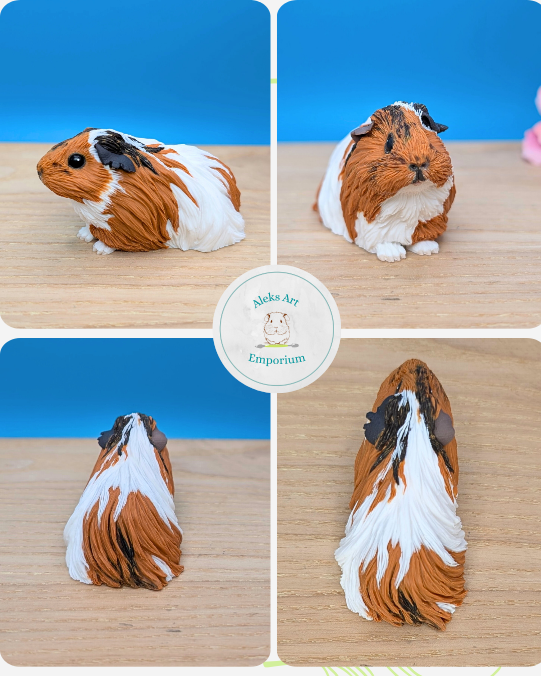 Polymer clay sculpture of a guinea pig with brown, white, and black fur, shown from different angles against a blue background and wooden surface, with a logo reading 'Aleks Art Emporium' at the center.