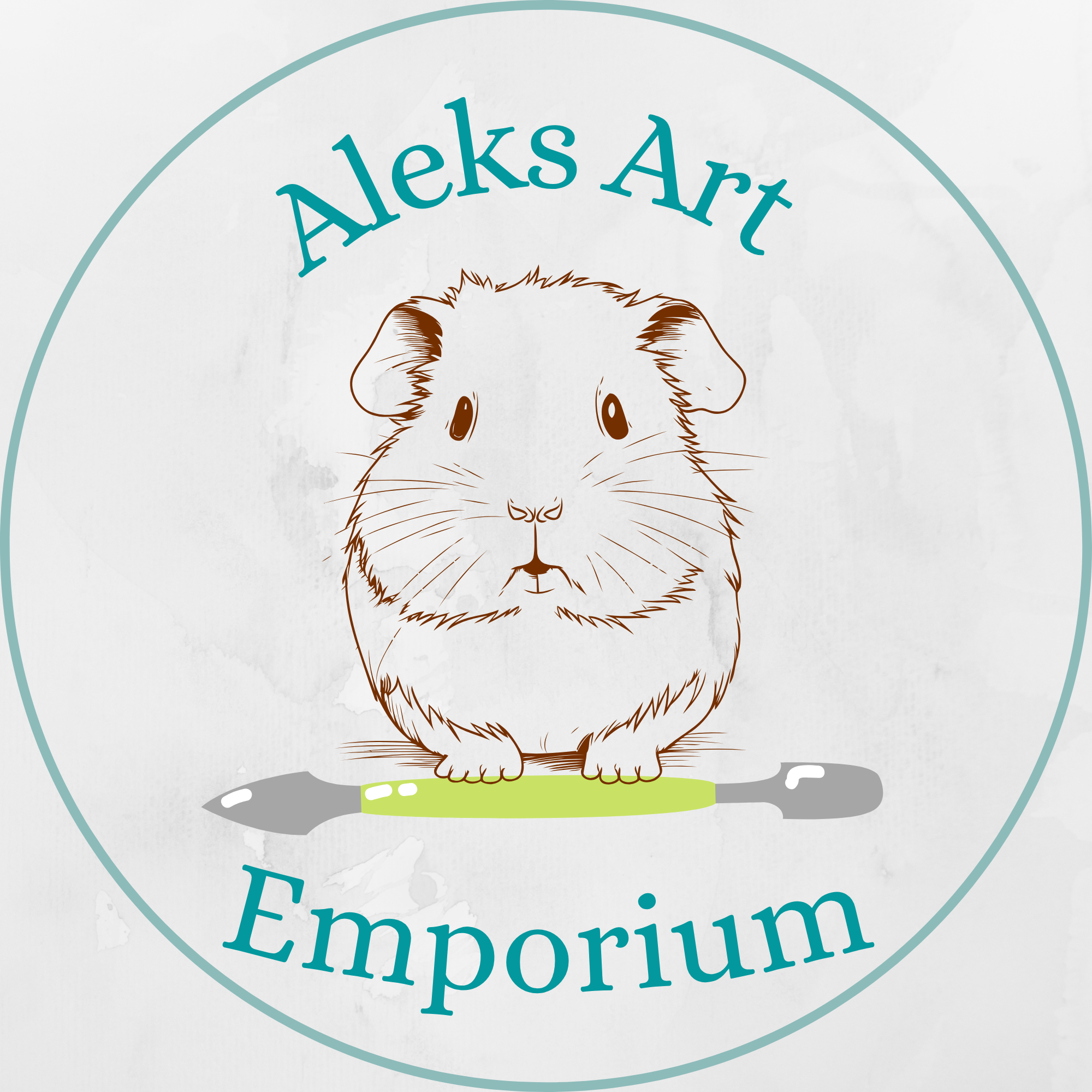 Logo for Aleks Art Emporium with a cartoon guinea pig inside a circular design.
