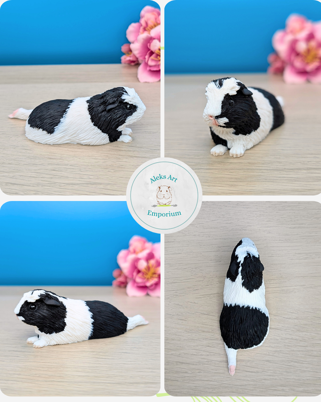 Collage of four images of a black and white guinea pig figurine with pink flowers in the background, shown from different angles on a wooden surface, with a center logo reading "Aleks Art Emporium."