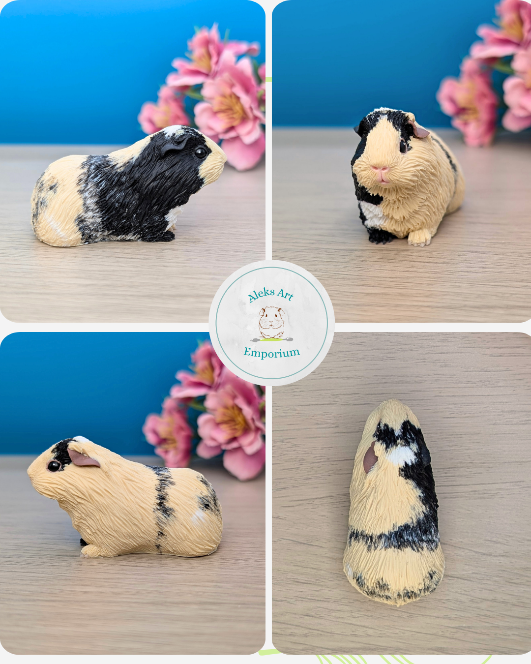 Collage of four images of a guinea pig figurine from different angles, with pink flowers in the background on a wooden surface, with a circular logo reading 'Aleks Art Emporium' in the center.