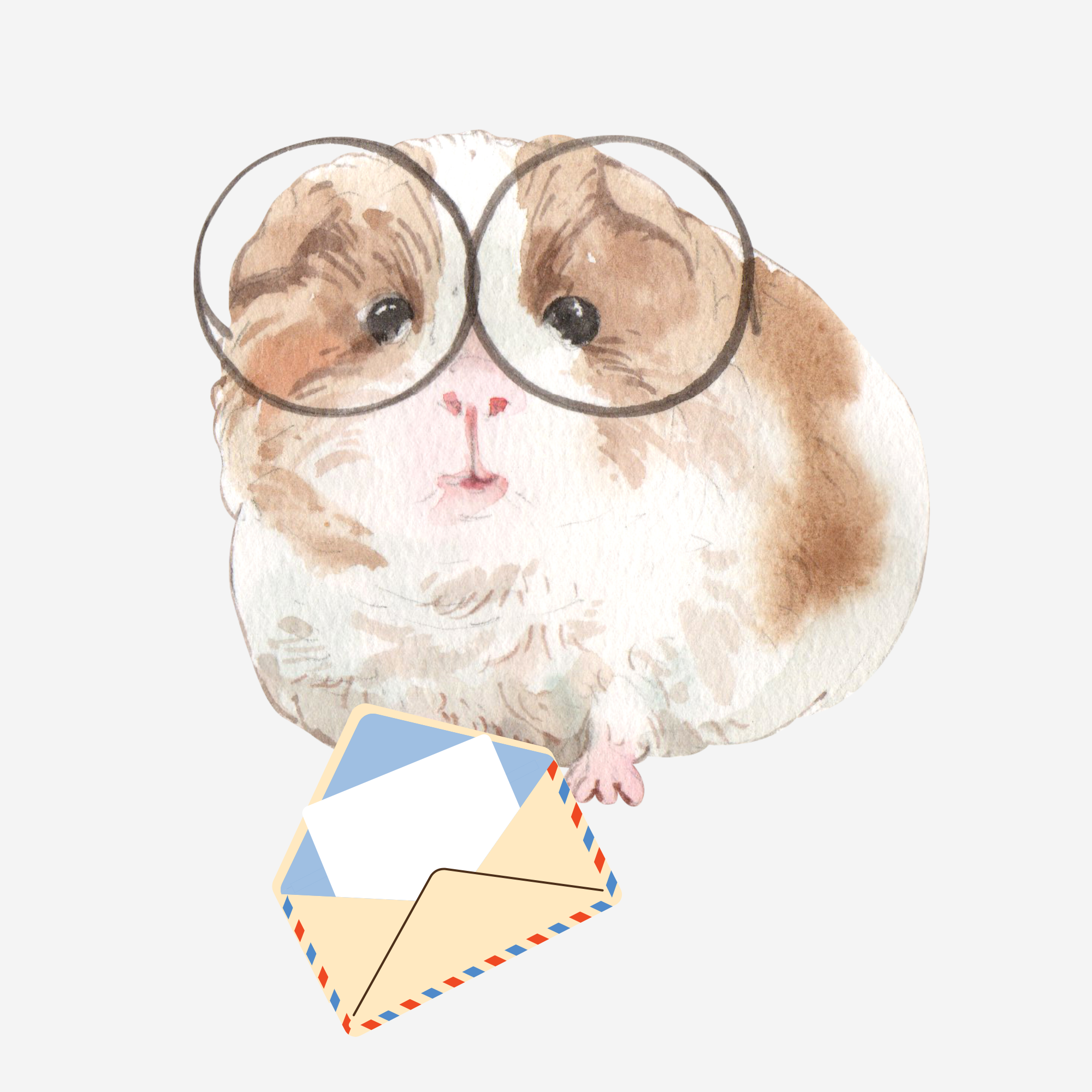 Watercolor illustration of a guinea pig with glasses and a letter envelope.