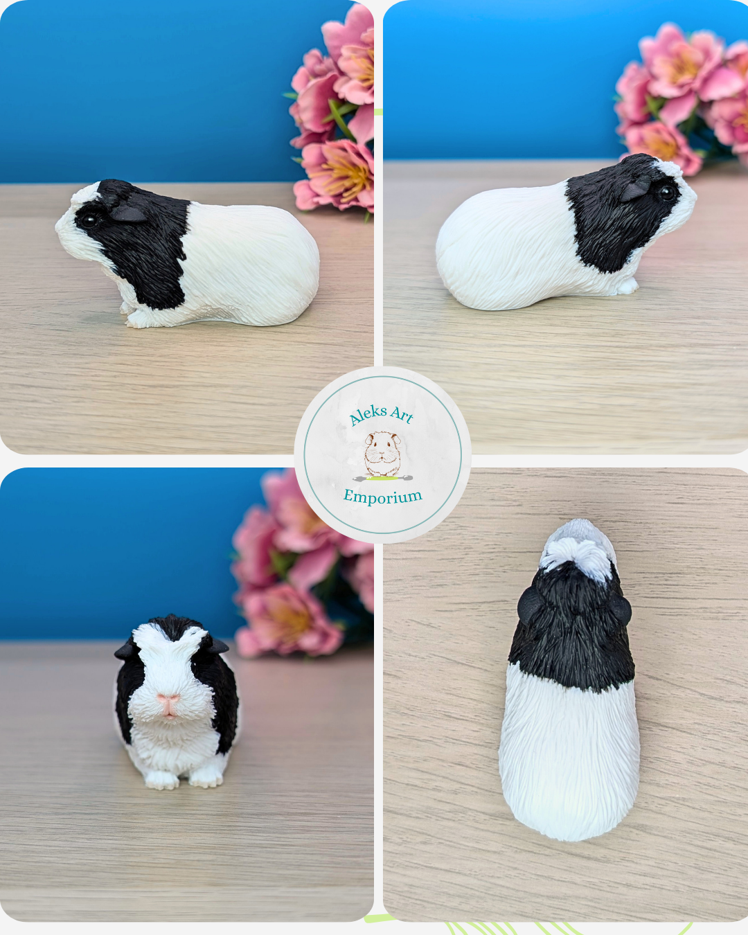 Multiple views of a detailed guinea pig figurine with black and white fur, placed on a wooden surface with pink flowers and blue background in the background.