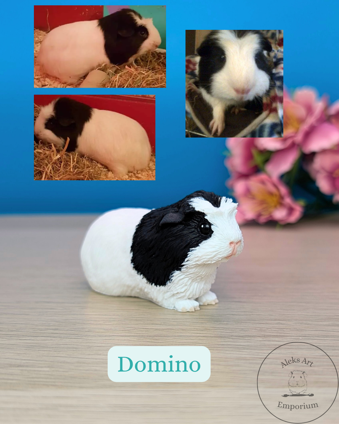 A small guinea pig figurine resembling a black and white guinea pig, with three photos of real guinea pigs in the background, and a pink flower bouquet on the right side of the image. The word 'Domino' is written below the figurine.
