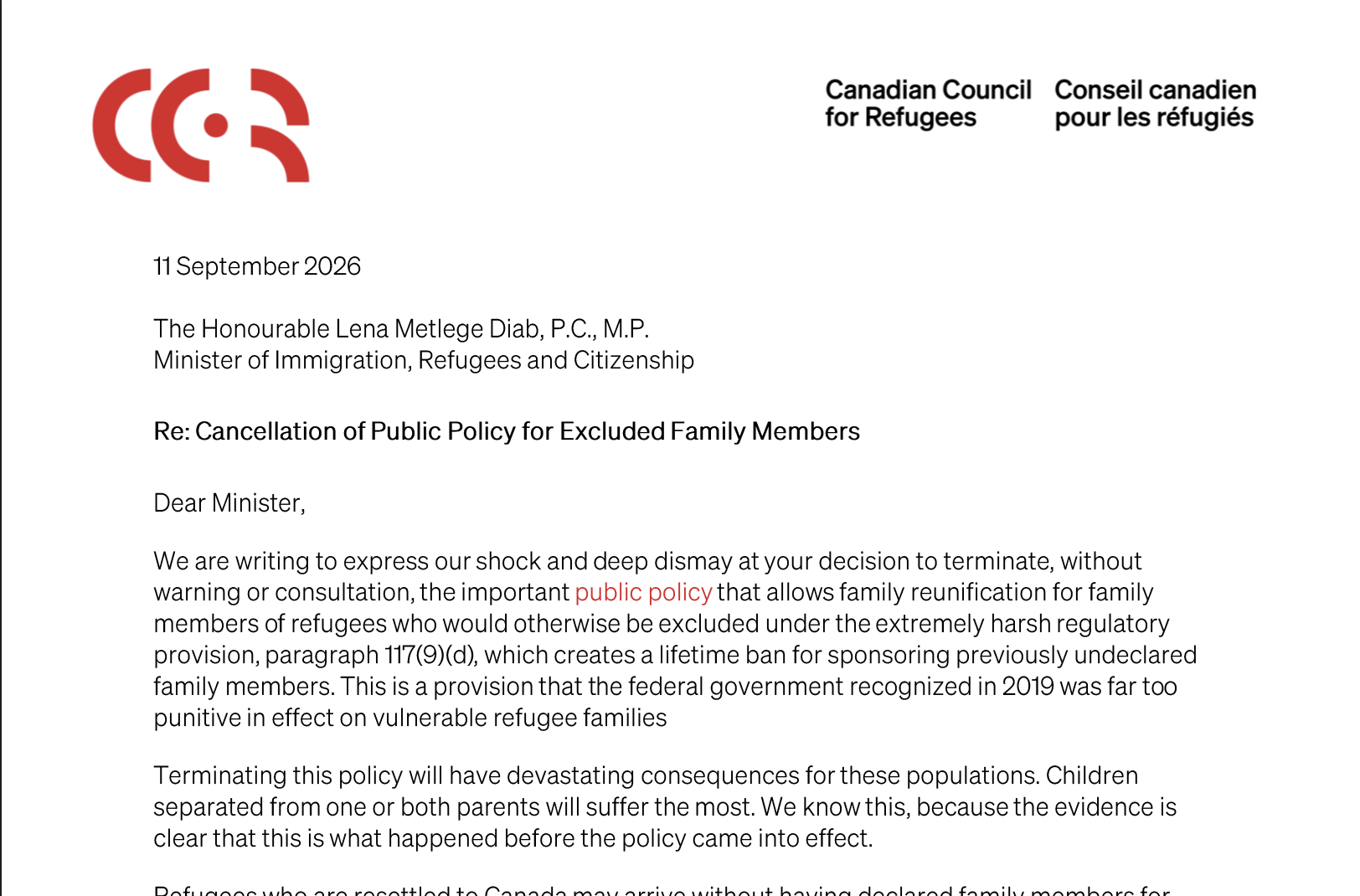 The Canadian government cancels a policy for excluded family members of refugees