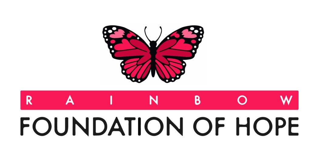 Logo featuring a pink and black butterfly above the words 'Rainbow Foundation of Hope' with 'Rainbow' in pink text on a pink background.