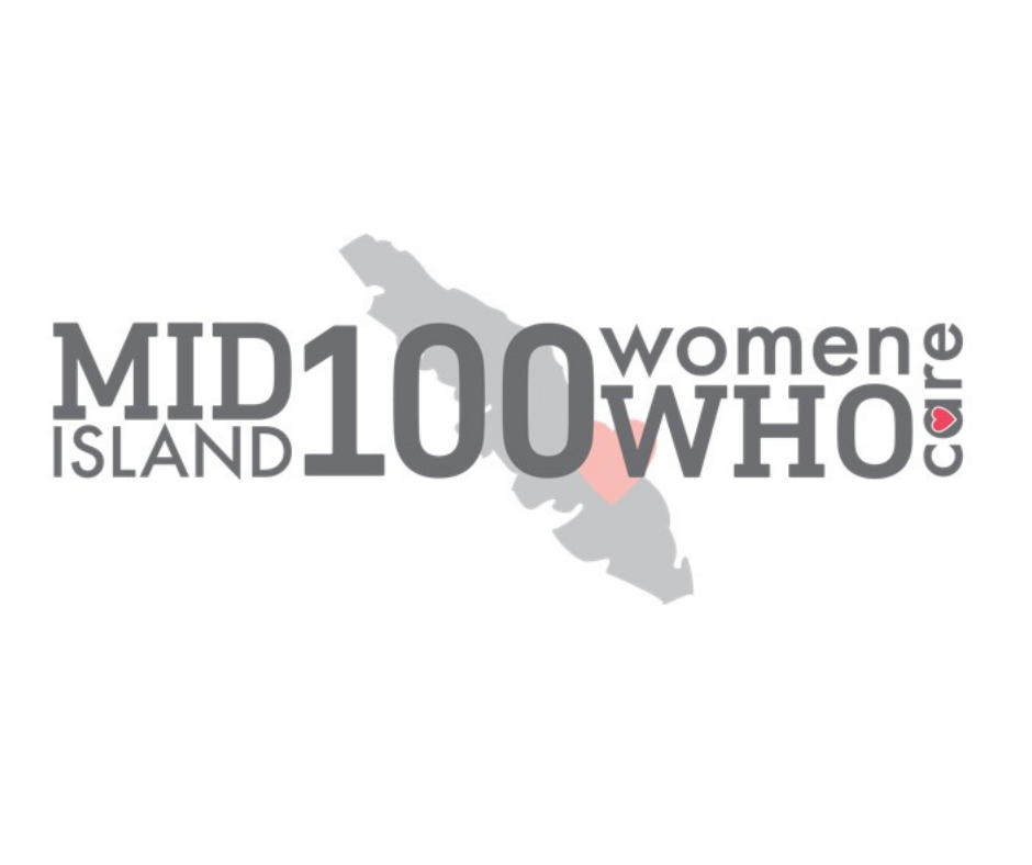 Graphic of Mid-100 Women Who Care on Mid Island, featuring a map of the island in the background and text highlighting the group's name.