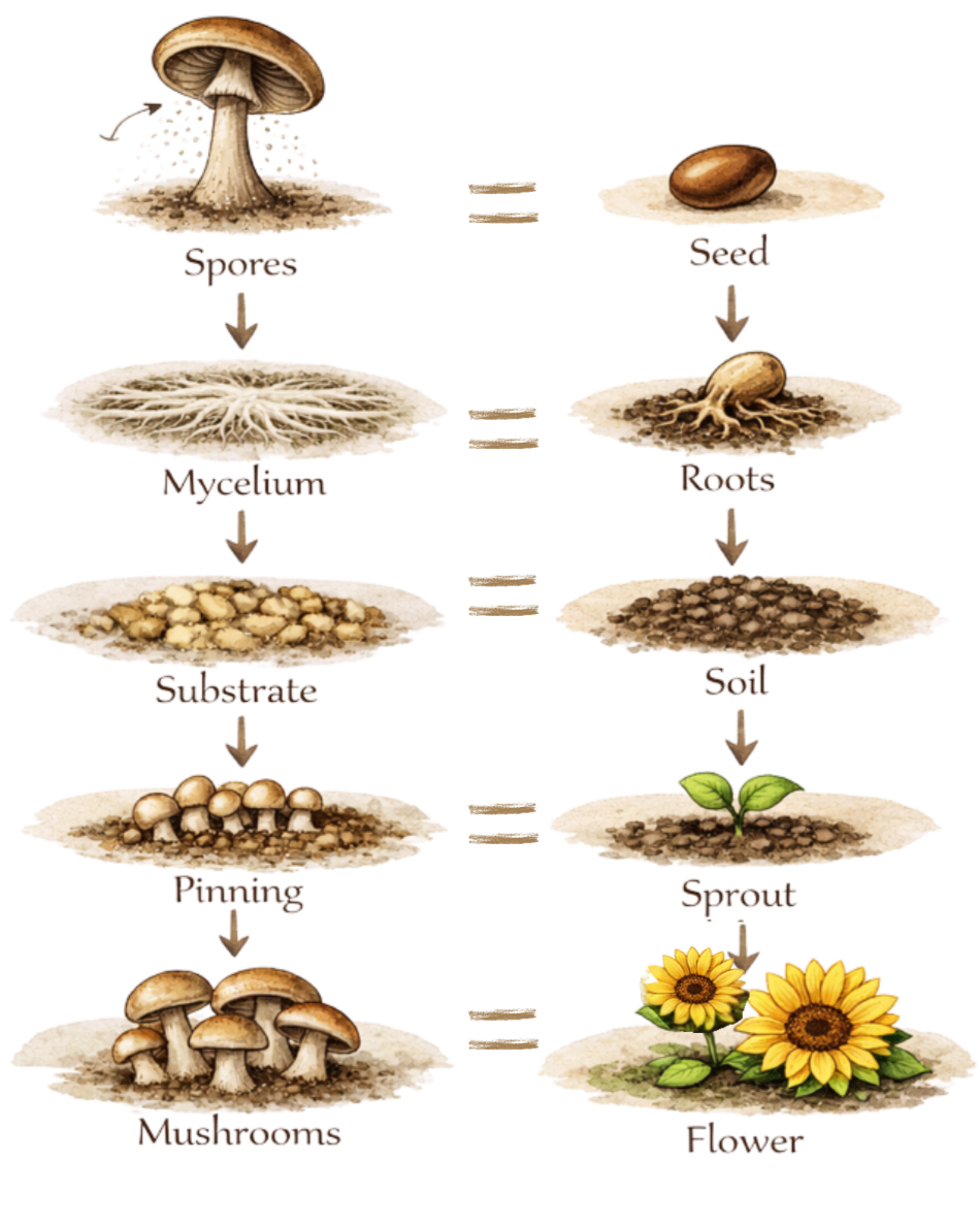 Diagram of mushroom growth stages from spore to flower, including spores, mycelium, roots, substrate, soil, pinning, sprout, mushrooms, and flower.