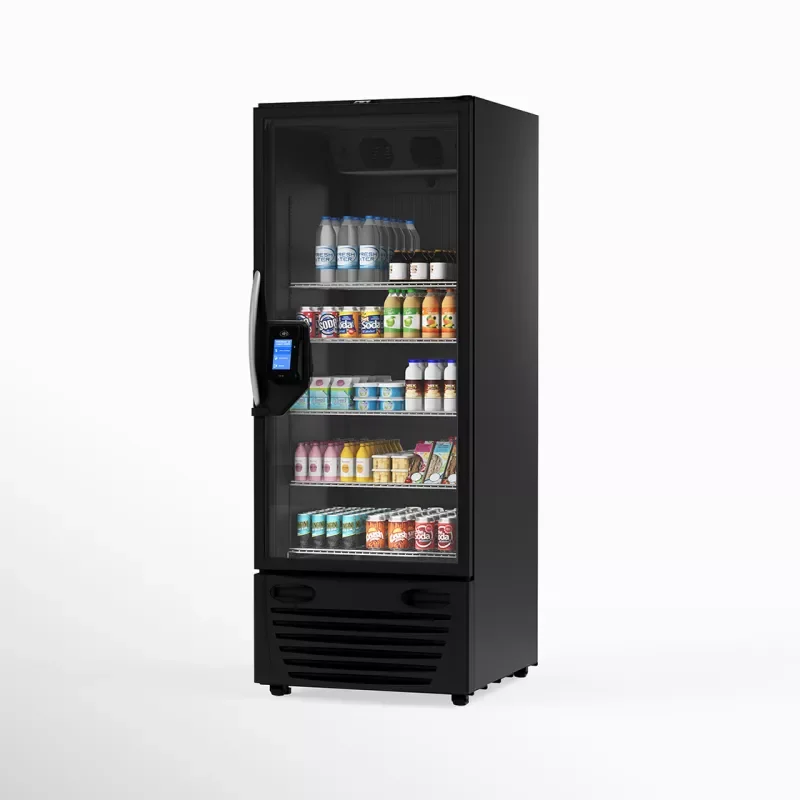 A black glass-front vending machine filled with canned and bottled beverages.