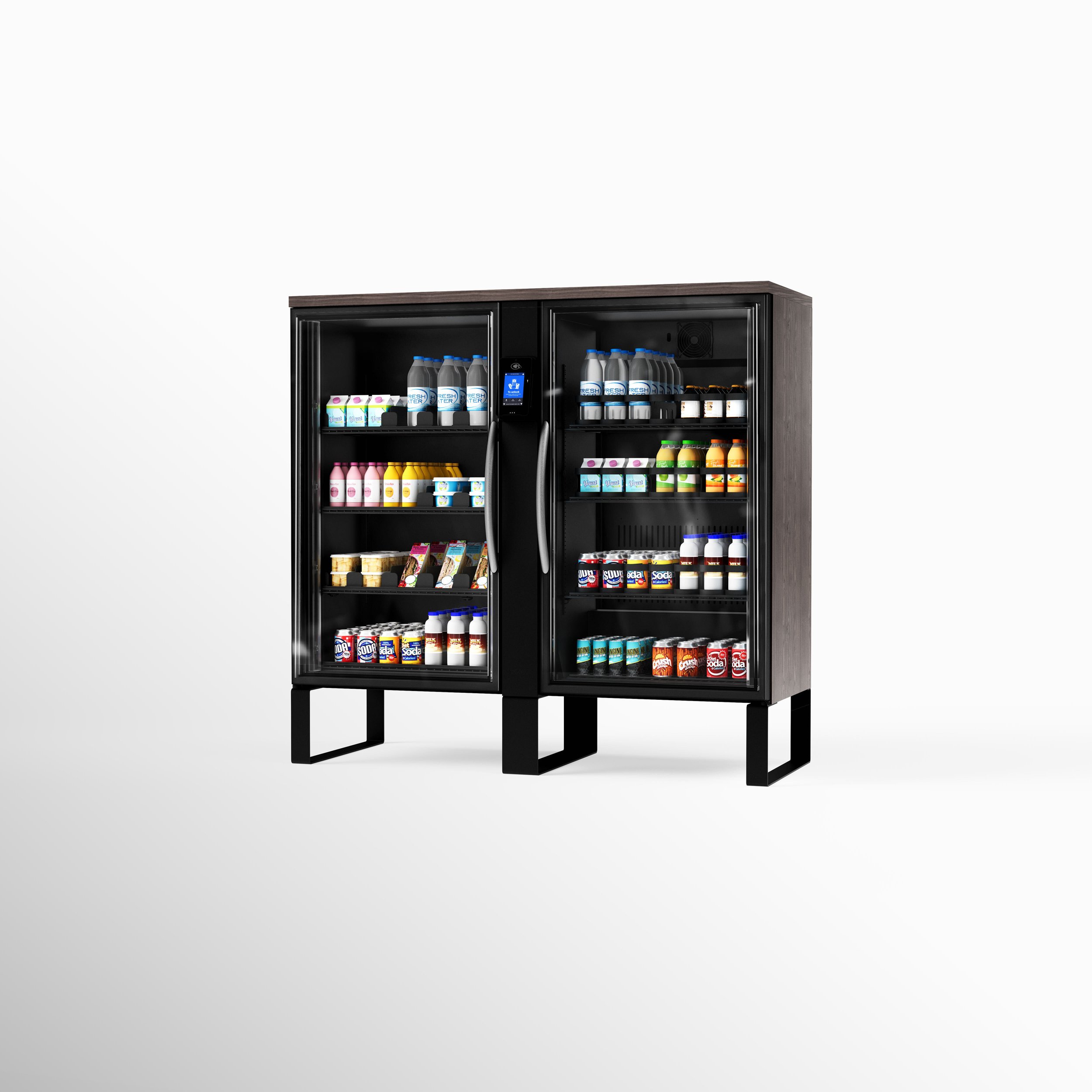 A commercial display refrigerator filled with dairy products, beverages, and snacks, standing on four black legs with black glass doors.