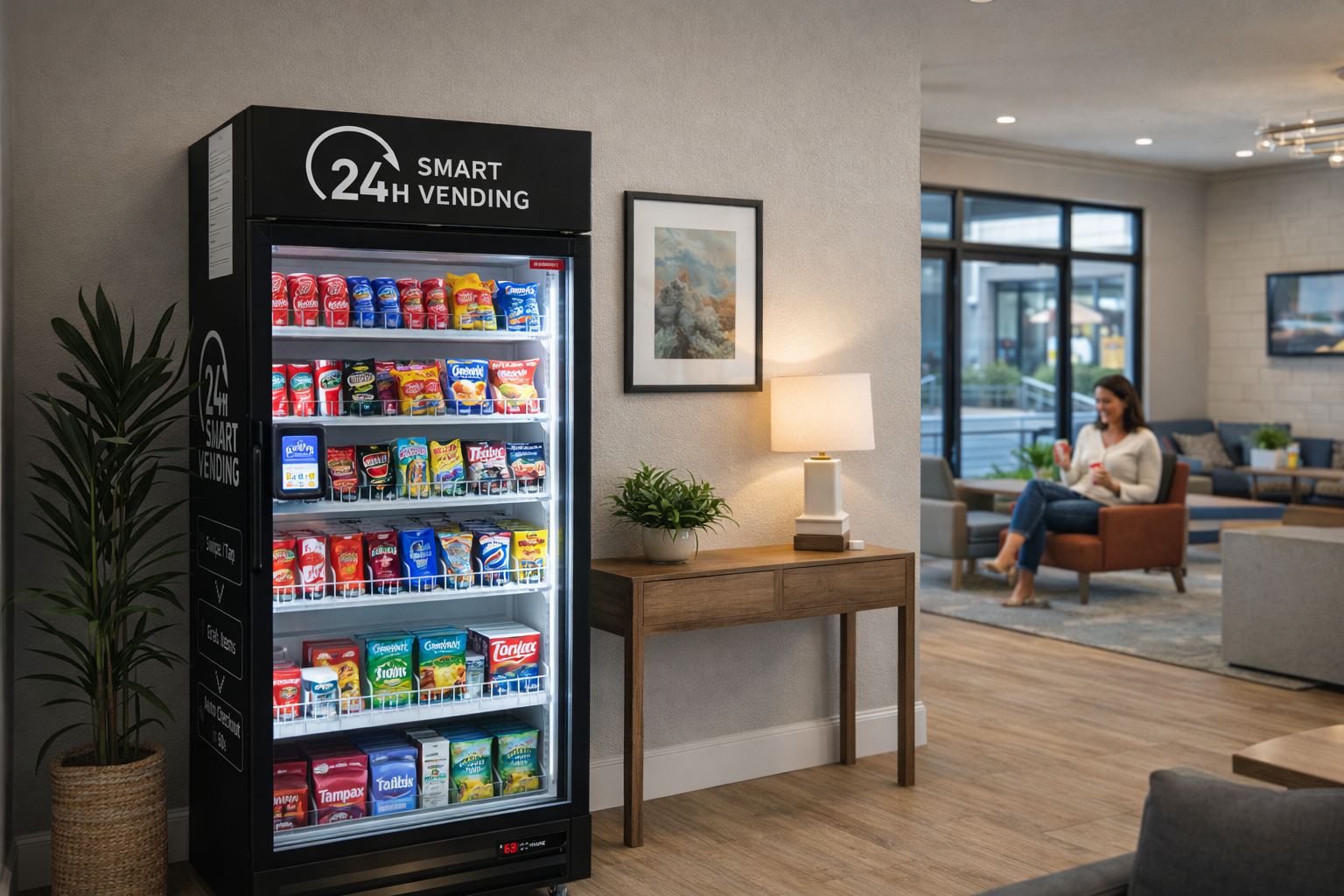 A vending machine stocked with snacks and drinks, positioned next to a wooden console table with a potted plant and a lamp, in a comfortable lounge where a woman is sitting in an orange armchair, looking at her phone and smiling.